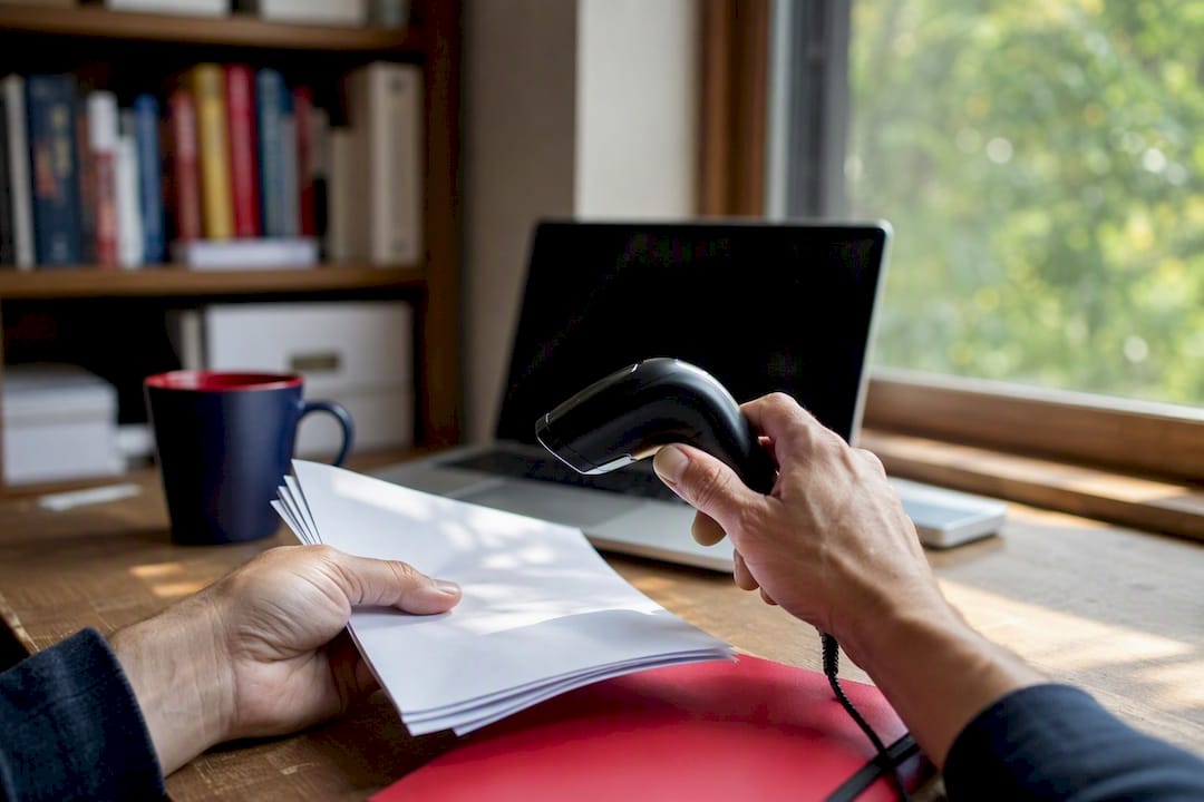 Hands scanning a tax form with a handheld scanner