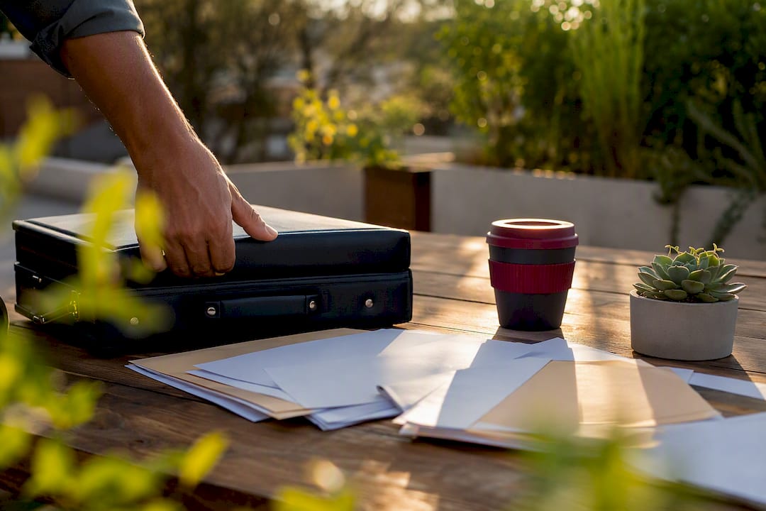 Business workspace with classification paperwork