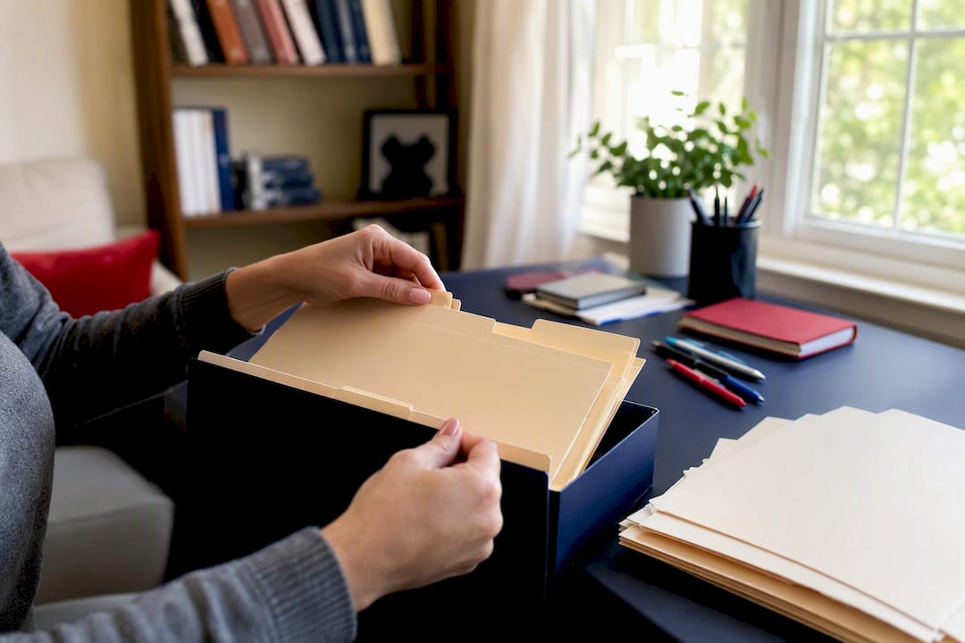 Hands organizing tax filing folders on desk