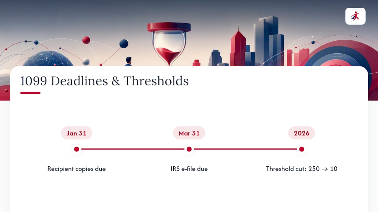 Diagram of 1099 filing deadlines and e-file thresholds