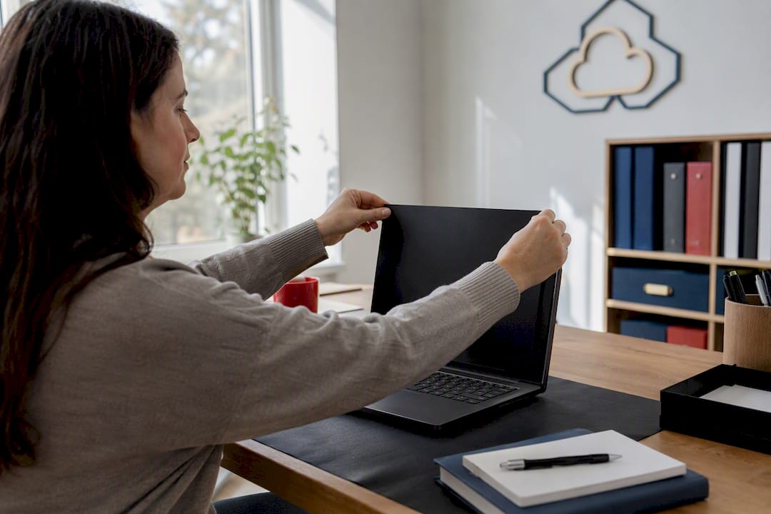 Hands applying privacy filter on laptop representing secure storage