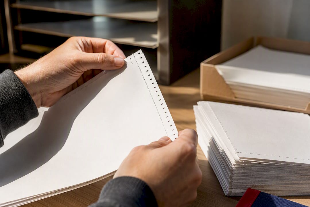 Hands inspecting scannable tax form paper