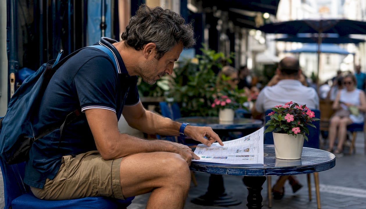 Un uomo consulta il calendario degli eventi all’interno di un ufficio turistico.
