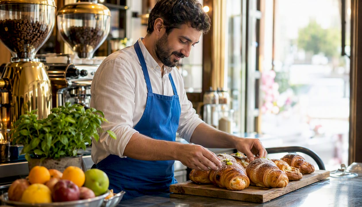 Un barista alle prese con la preparazione di dolci freschi al caffè Brancaccio