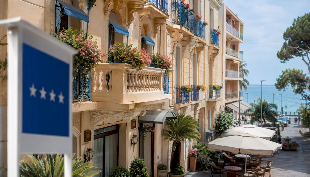 Facciata di un elegante hotel quattro stelle a Sanremo