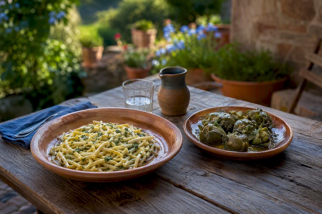 Piatto ligure con pasta fresca e carciofi