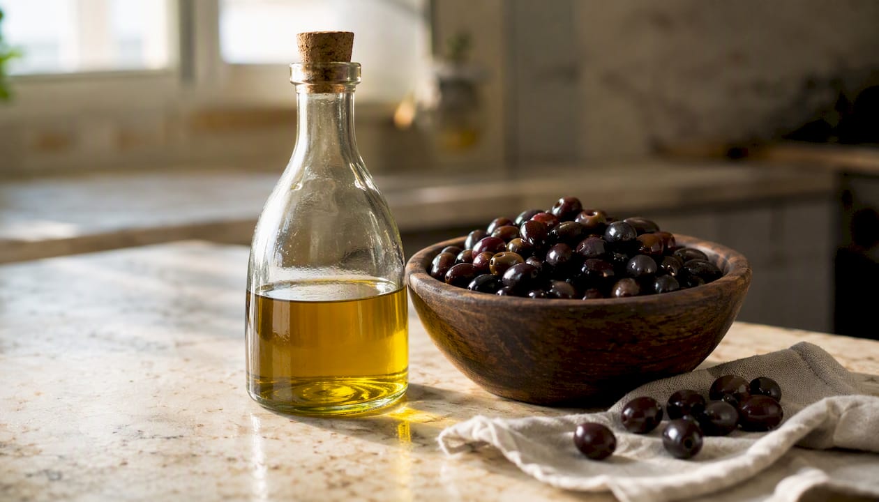 Bottiglia di olio extravergine di oliva Taggiasca e olive su legno