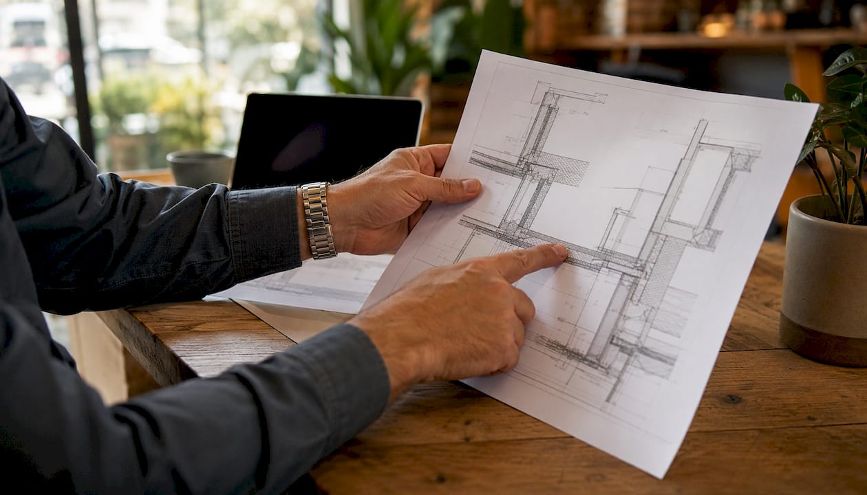 Building control officer examining construction details