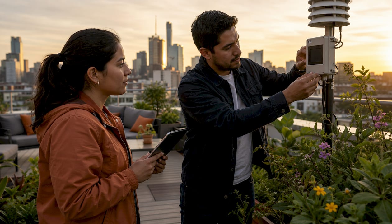 Engineers monitoring rooftop building systems