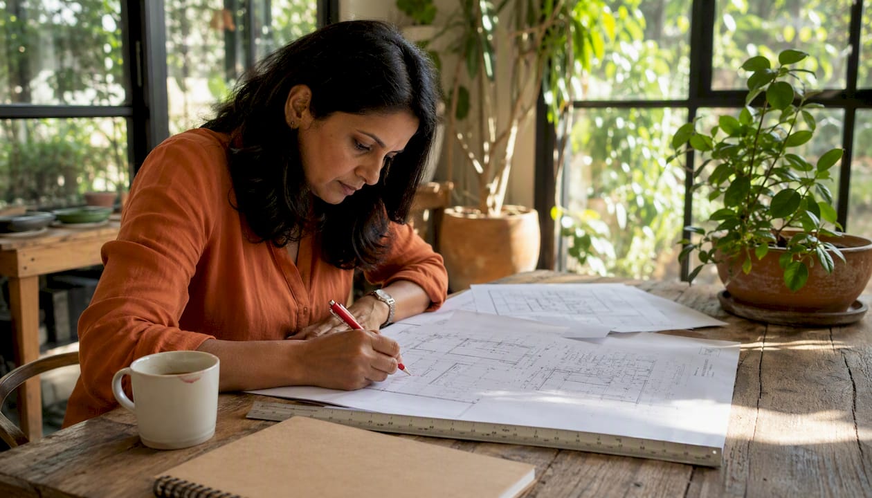 Architect reviewing building regulations drawings