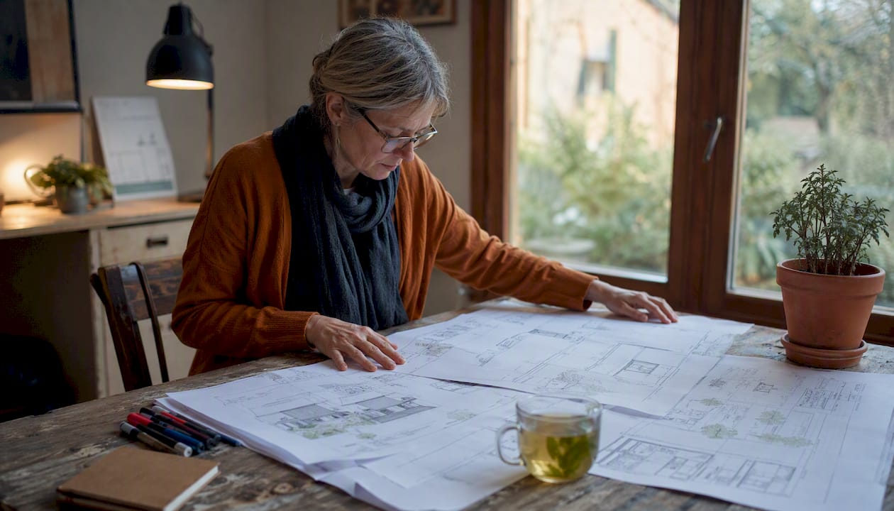 Hands arranging building regulations drawings