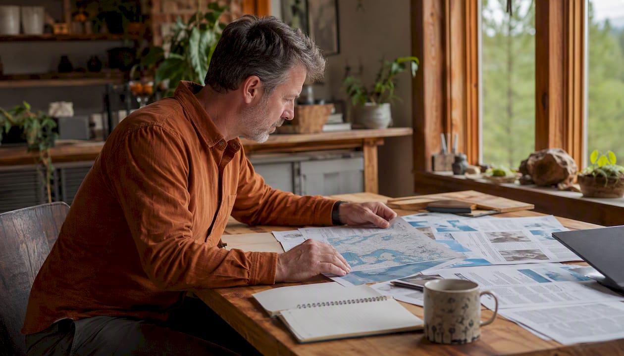 Consultant reviewing flood risk assessment documents