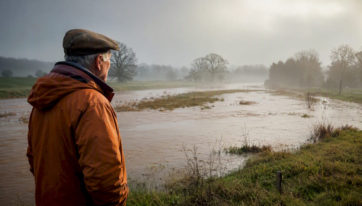 Man observing flooded river floodplain
