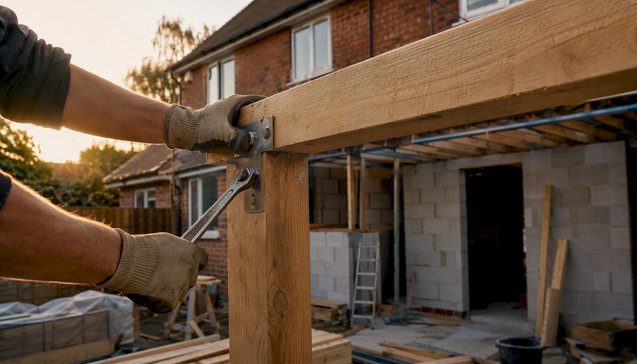 Hands assembling timber beam on home extension