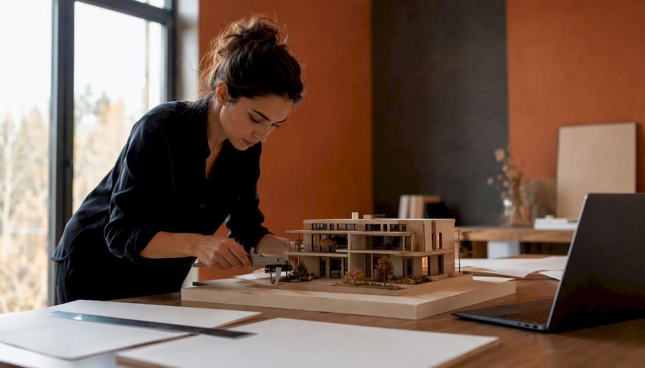 Consultant measuring architectural model