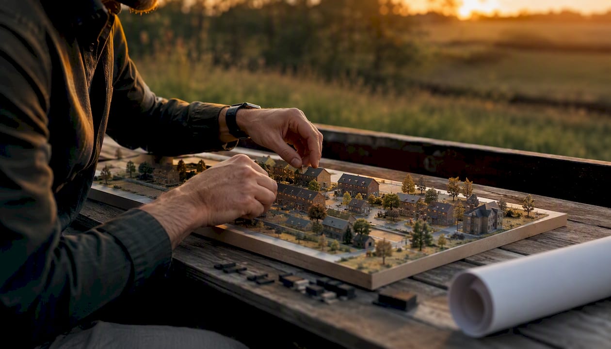 Hands adjusting UK construction scale model