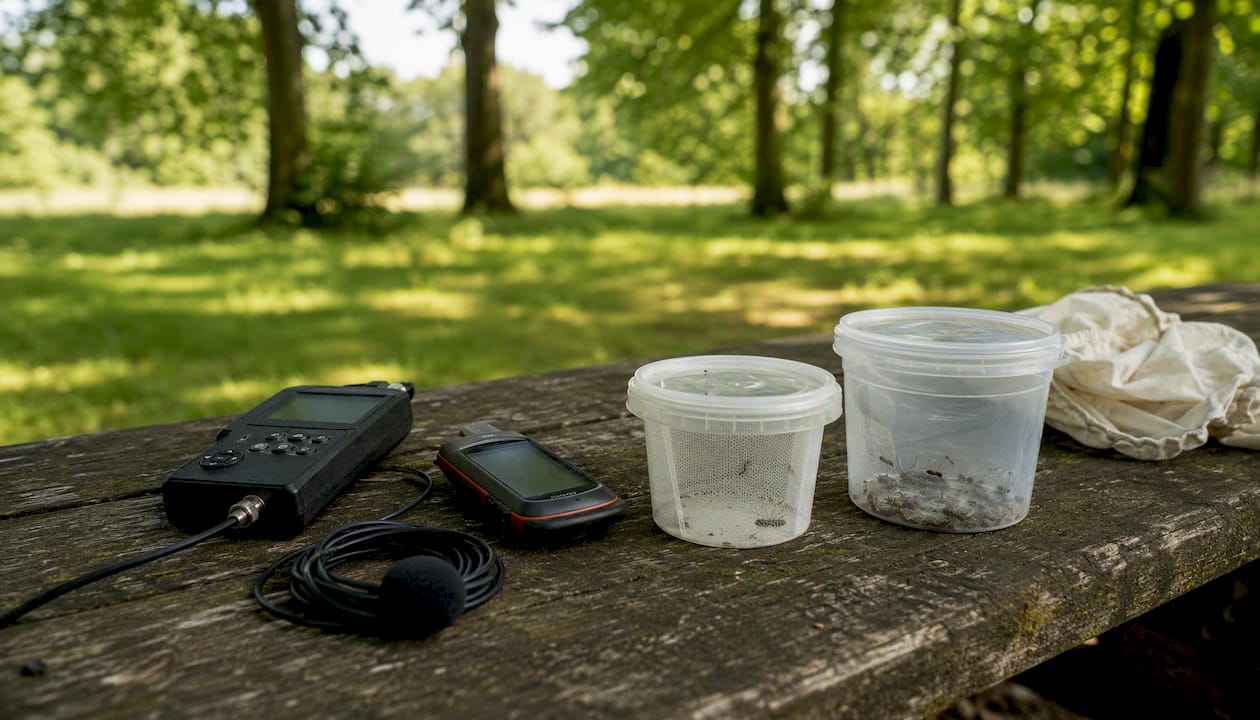 Ecology survey equipment on stone wall outdoors