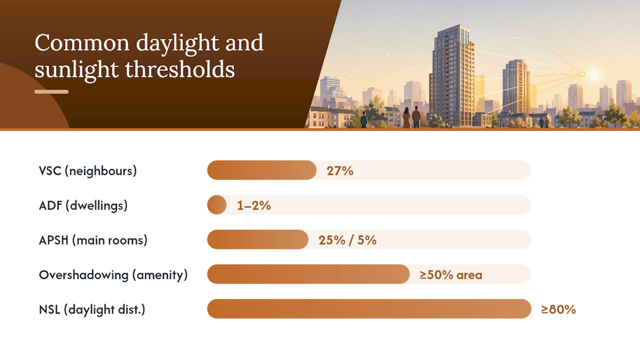 What daylight and sunlight metrics do planners use for tall building schemes? — overview diagram