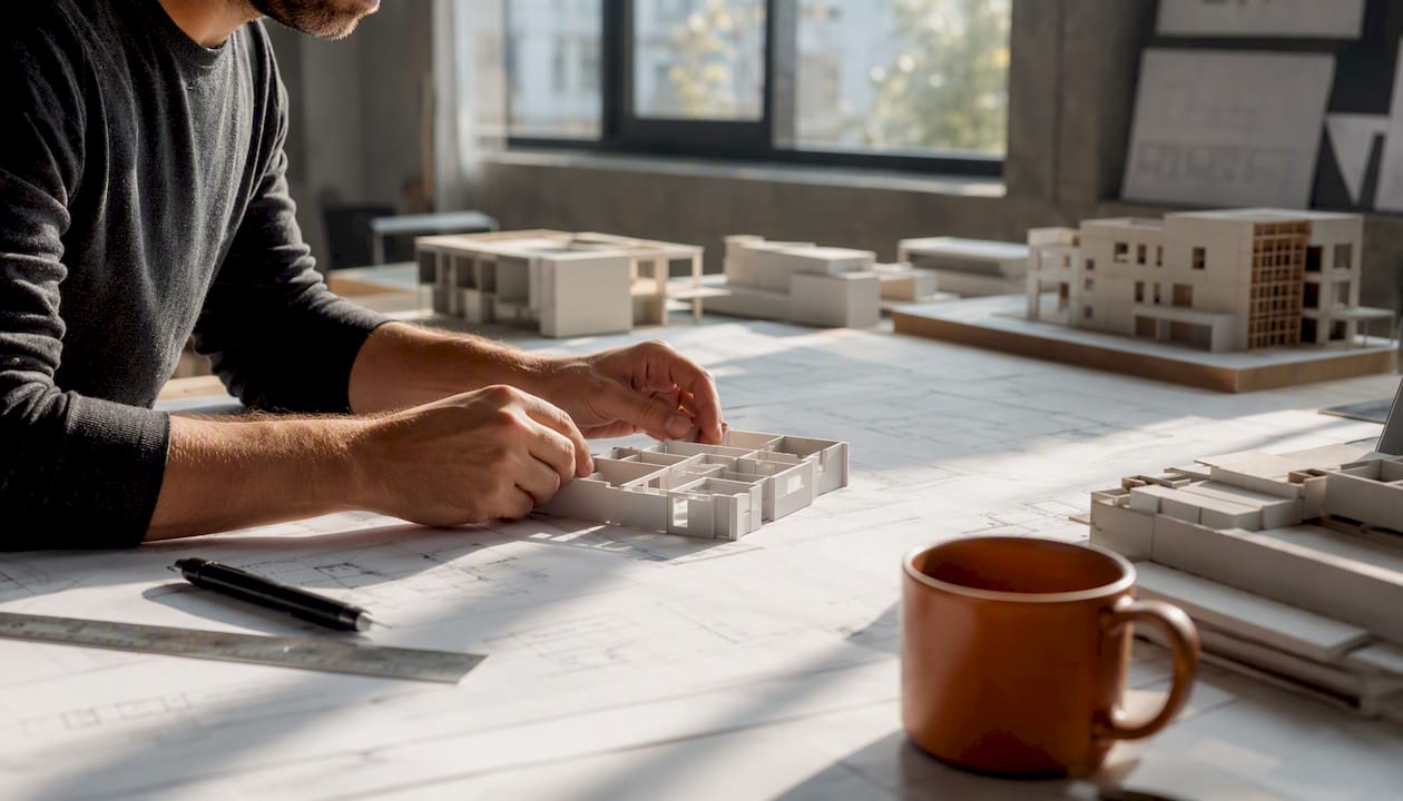 Hands adjusting building model in fire plan preparation