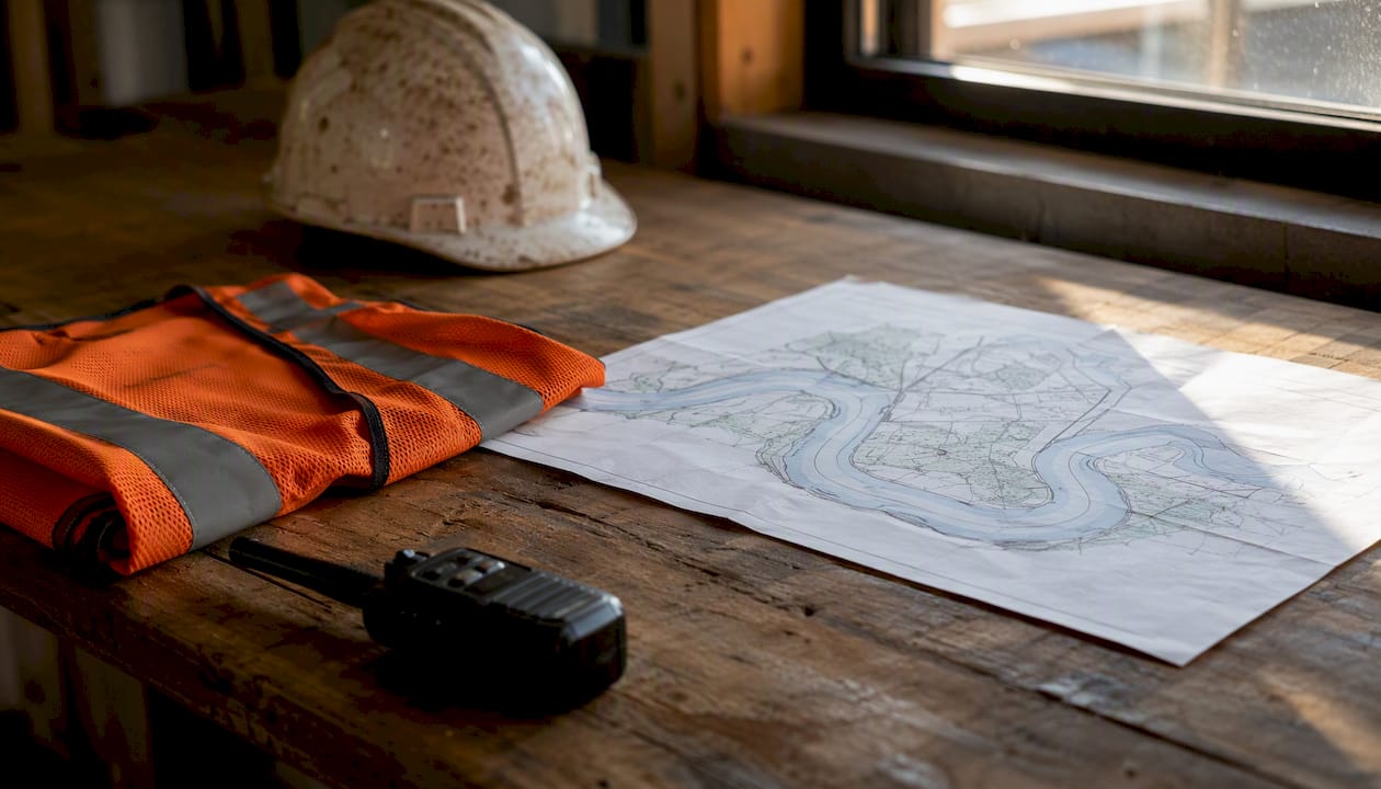 Flood evacuation plan on table with safety gear
