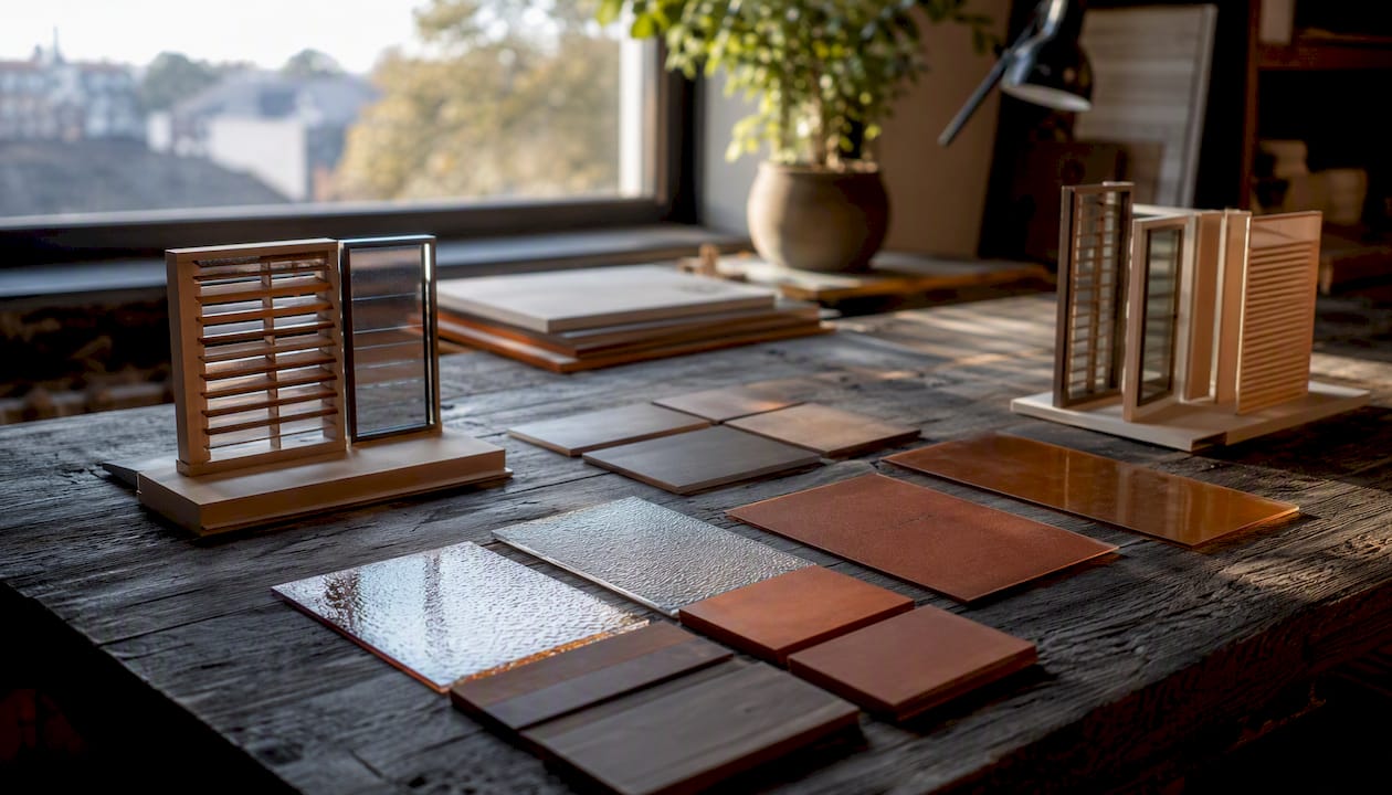 Glazing samples and shading models on architect table