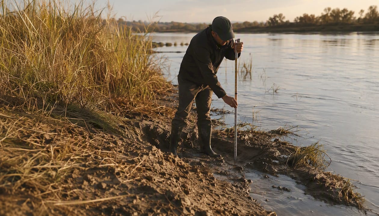 Field flood risk survey at riverbank