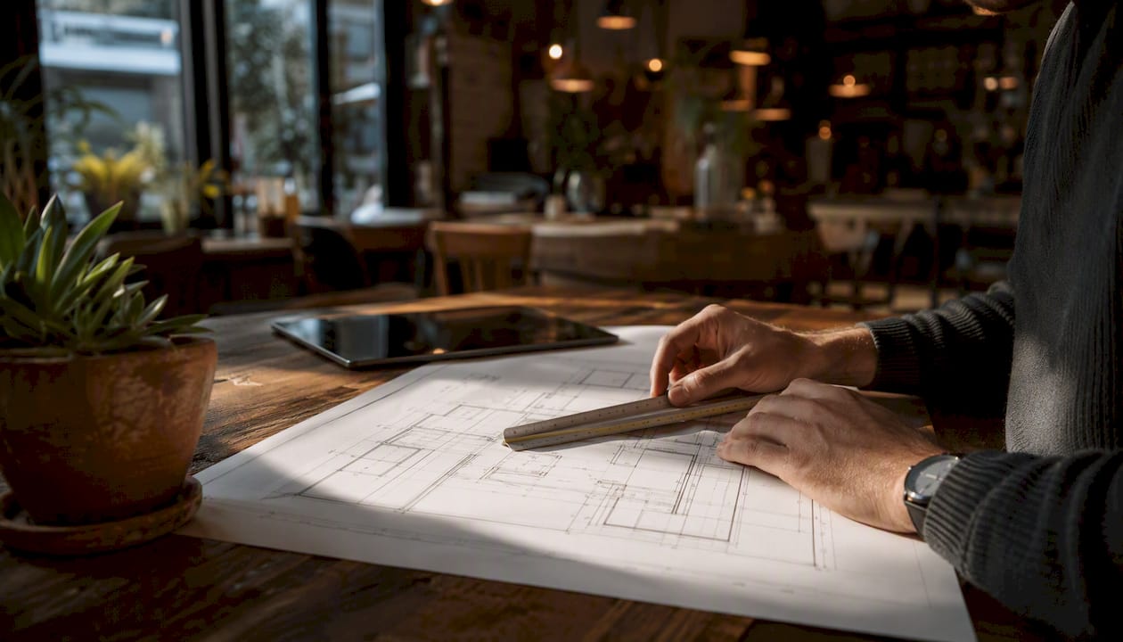 Hands measuring site plan with scale ruler