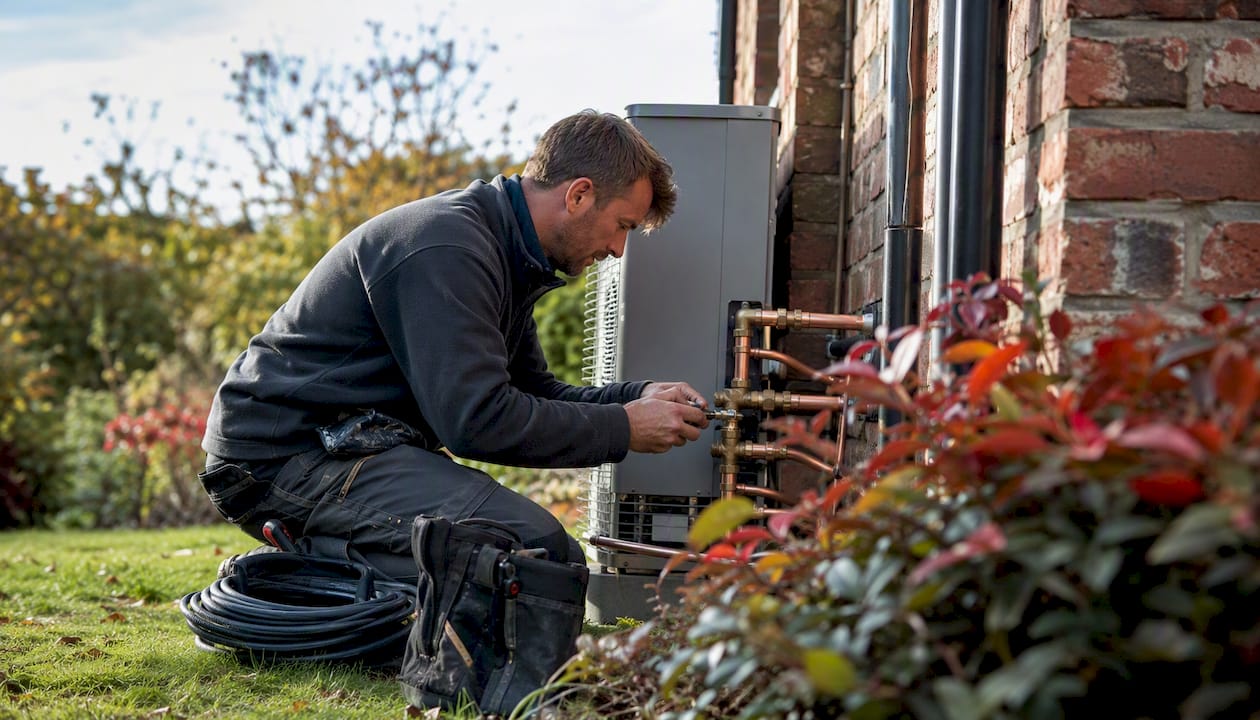 Technician hands installing heat pump piping