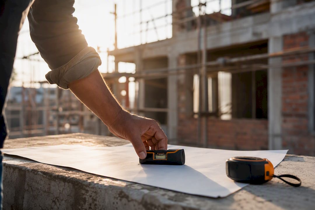 Architect preparing site plan with levelling tool outdoors