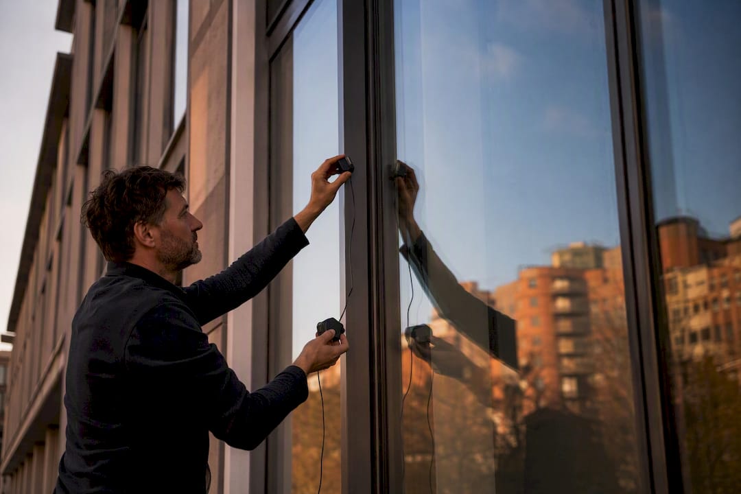Hands placing multiple sunlight sensors on curtain wall glazing