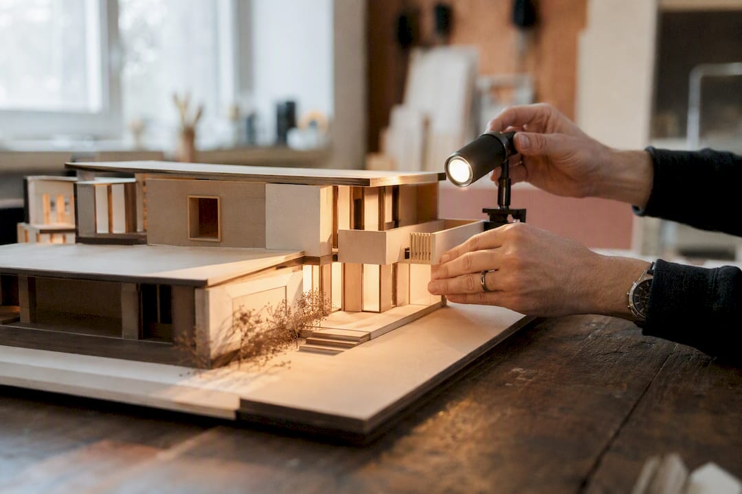Hands adjusting daylight simulation lamp on architectural model