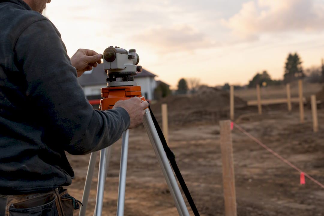 Hands measuring construction site boundary with levelling tool
