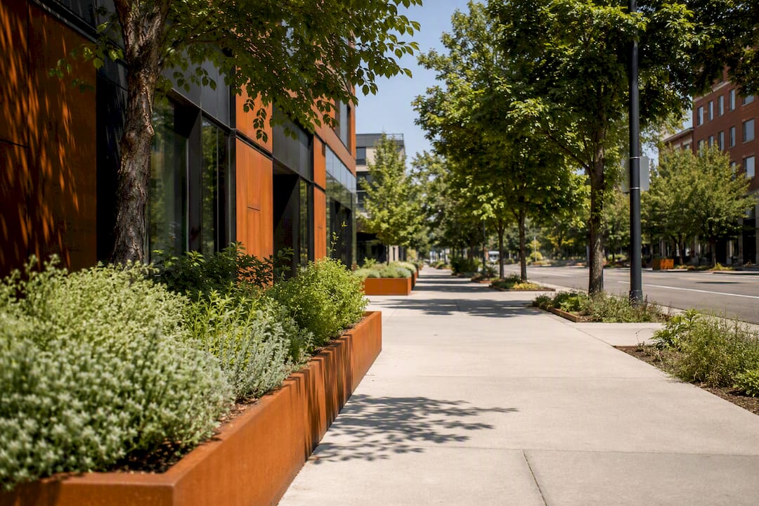Tree-lined urban street with green infrastructure
