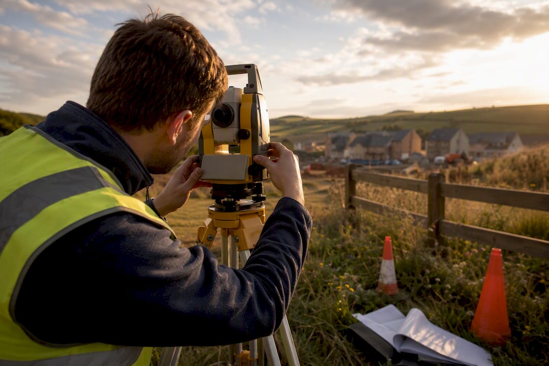 Technician adjusting survey instrument at UK site
