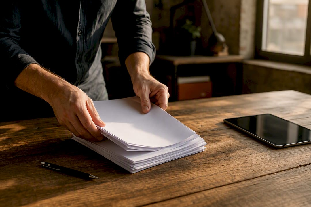 Hands organizing planning documents on desk