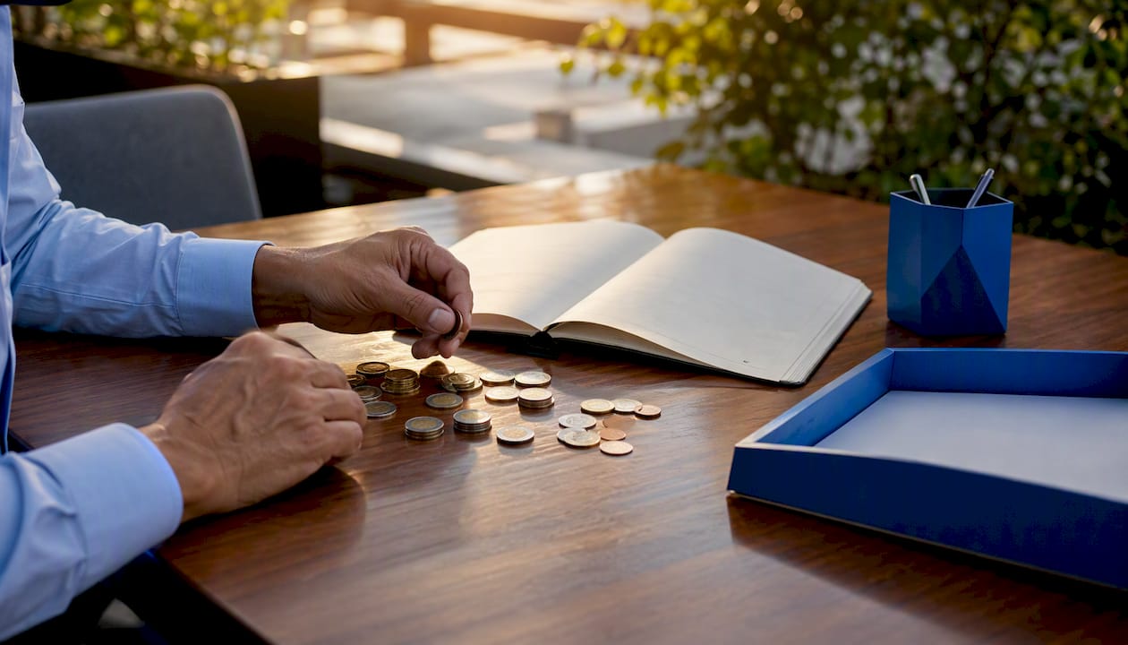 Hands sorting multiple currency coins in office