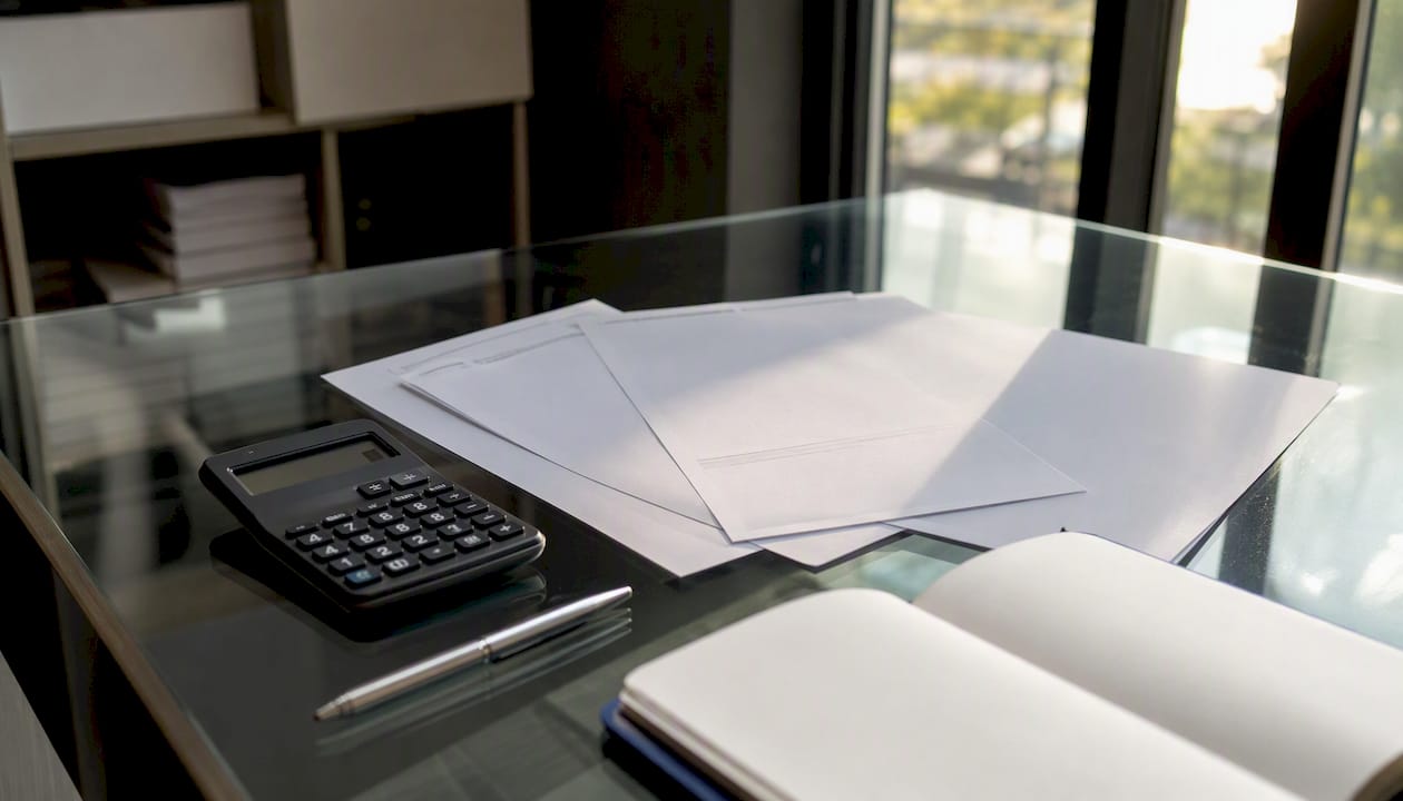 Hand using calculator on payroll forms