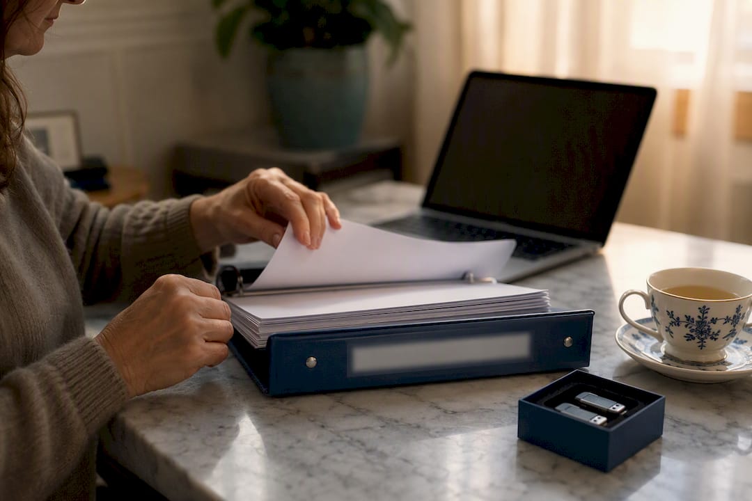 Hands switching financial records in quiet home office