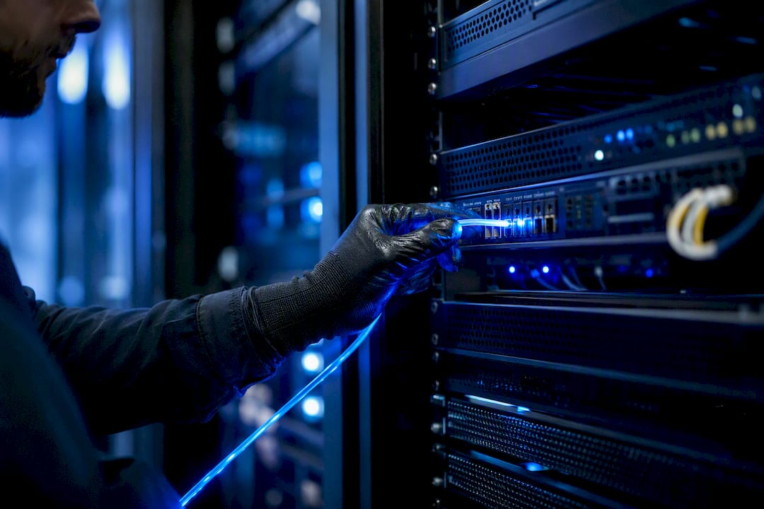 Hand unplugging network cable from cloud backup device
