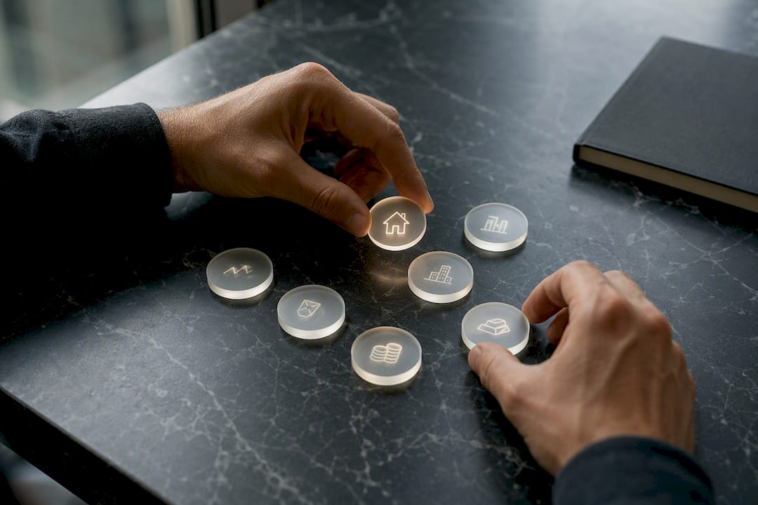 Hands separating financial tokens of returns