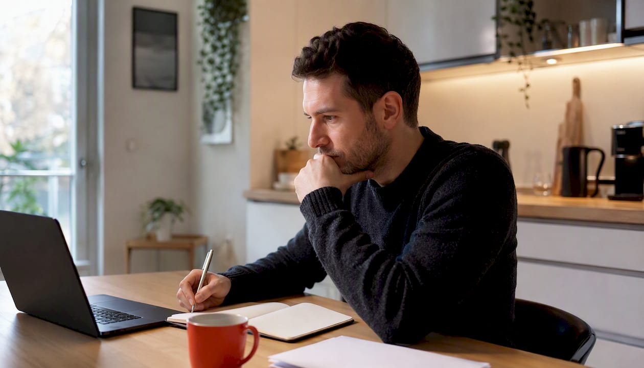 Eine Person sitzt am Laptop und nutzt KI-Unterstützung, um sich effizient auf einen Job zu bewerben.