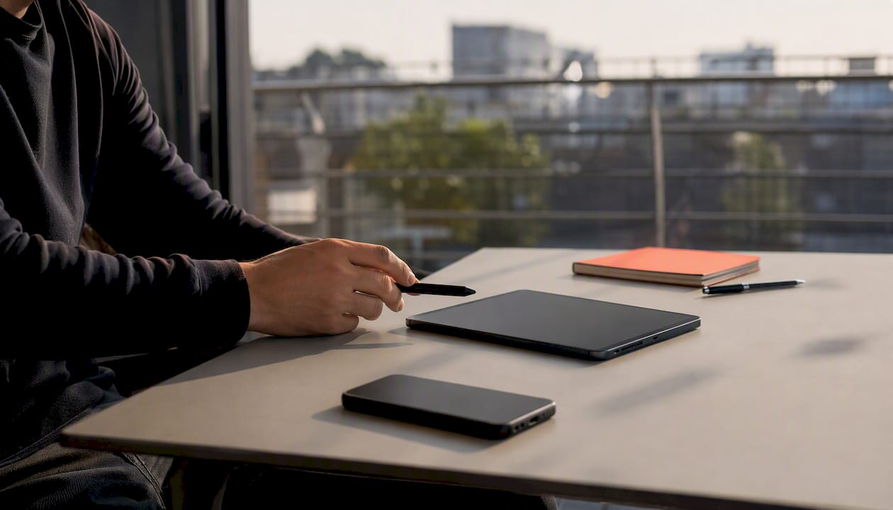 Eine Hand legt den Eingabestift neben das Tablet auf den Schreibtisch.