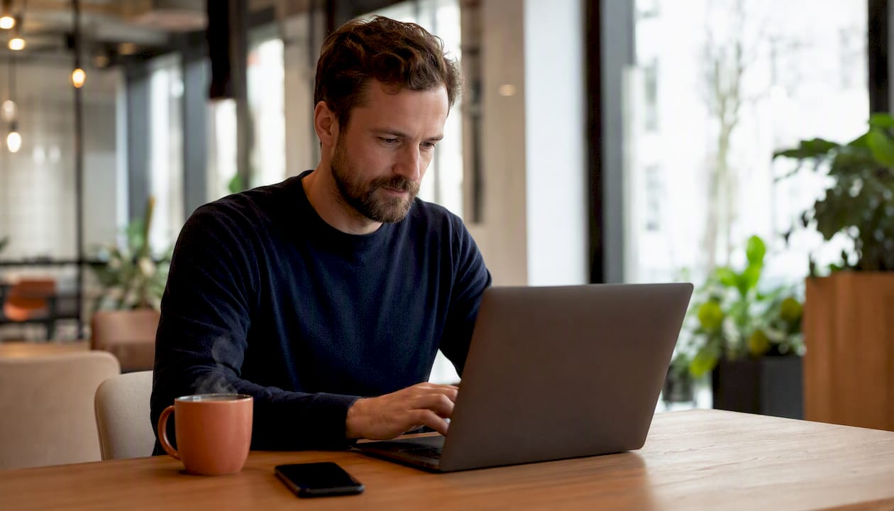 Eine Person sitzt am Laptop und verfasst eine Erinnerungs-E-Mail.
