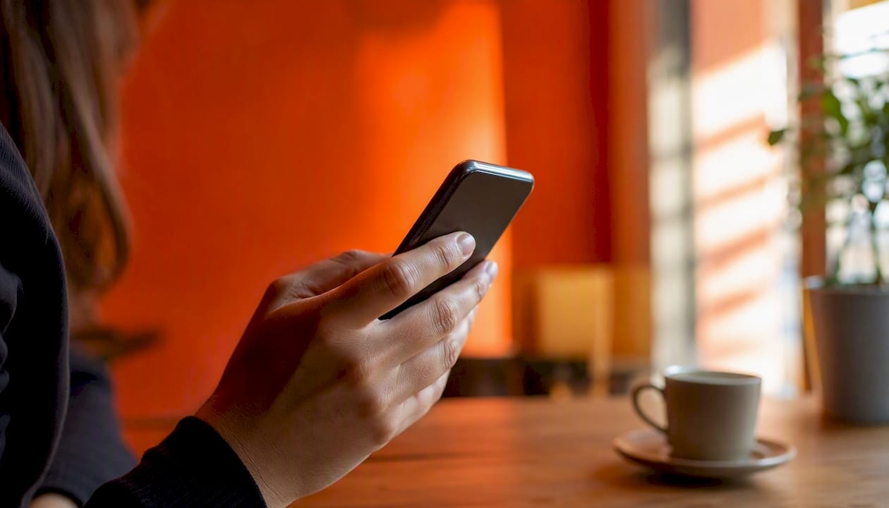 Eine Hand hält ein Smartphone, dessen Bildschirm ausgeschaltet ist.
