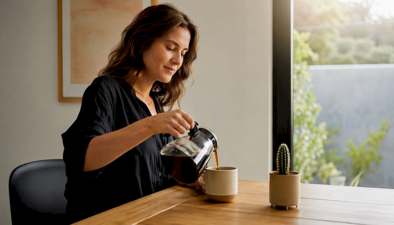Eine Person schenkt Kaffee in eine Tasse auf einem Holztisch ein.