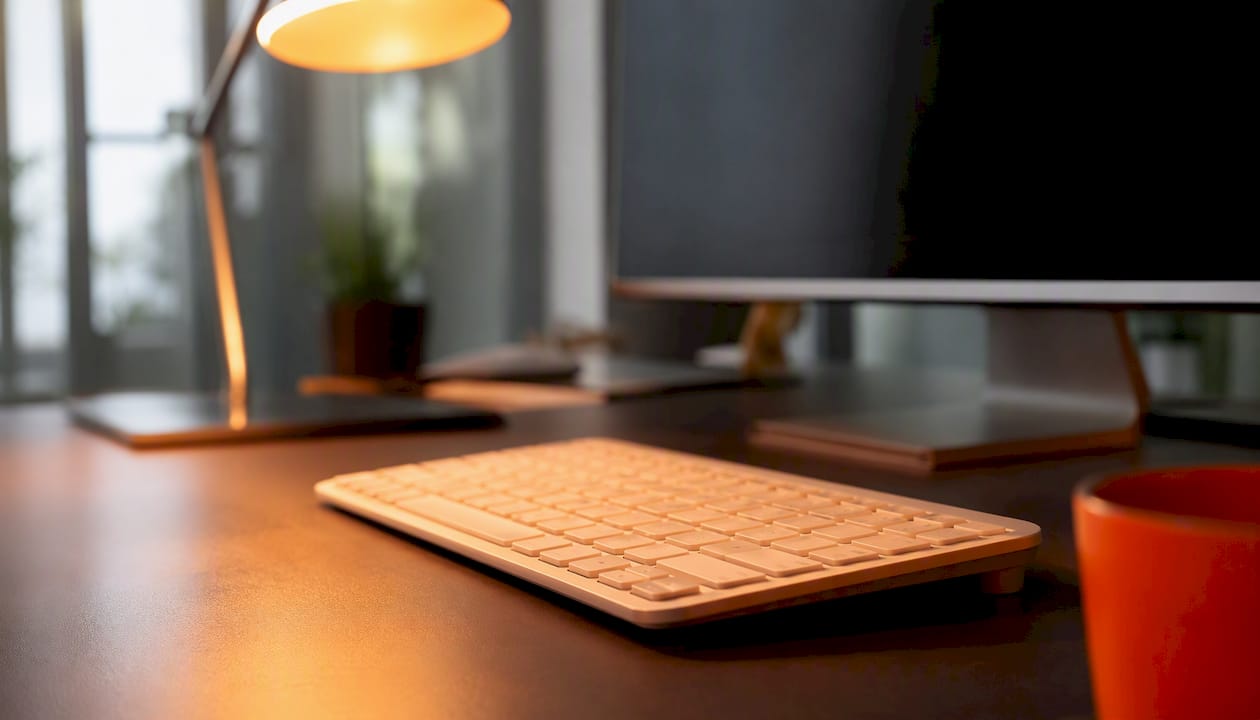 Die Tastatur im Vordergrund, dahinter ein dunkler Bildschirm – ein typischer Anblick im digitalen Alltag.