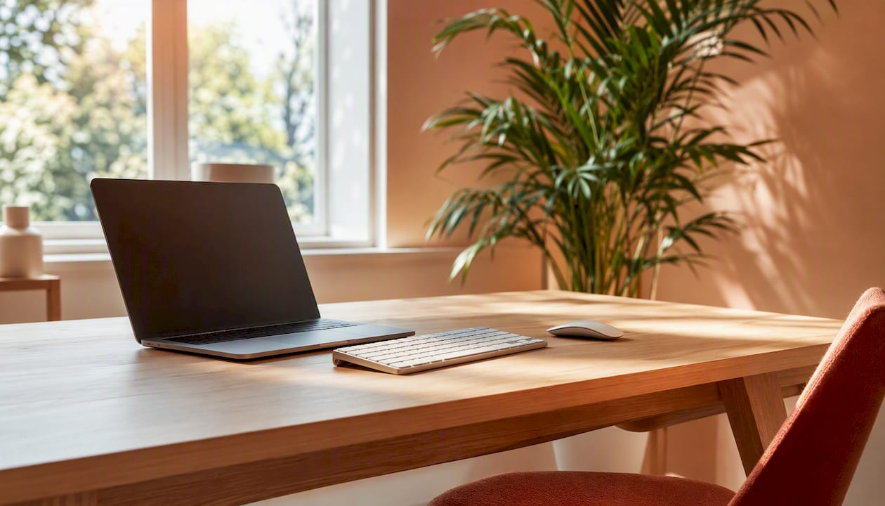 Ein moderner Schreibtisch mit einem ausgeschalteten Laptop und einer Maus darauf.