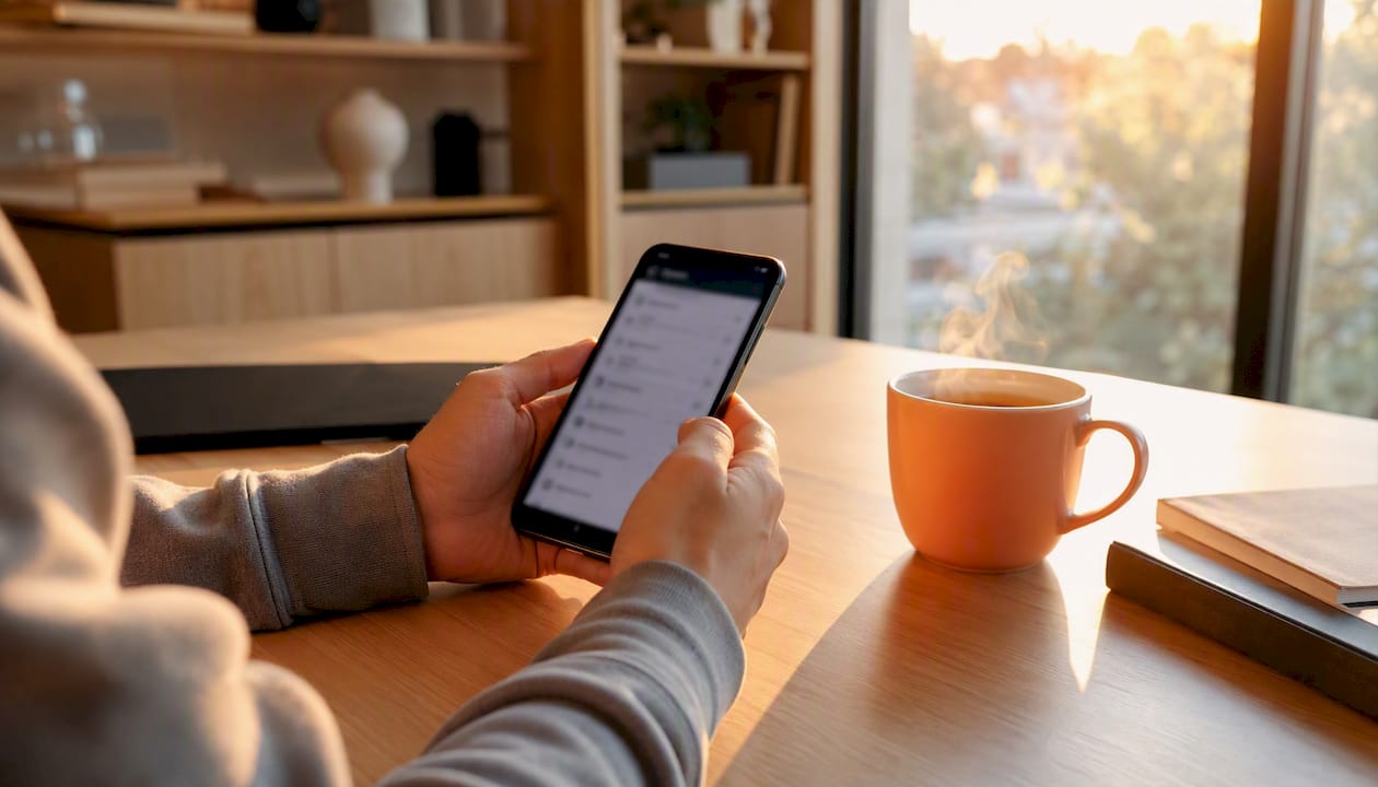 Mit einer Tasse Tee in der Nähe werden auf dem Smartphone Dokumente durchgesehen.