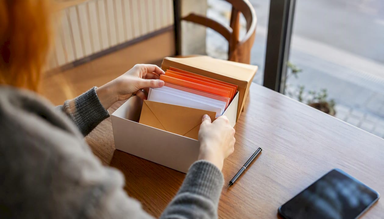 Hände sortieren sorgfältig eine begrenzte Auswahl an Bewerbungen.