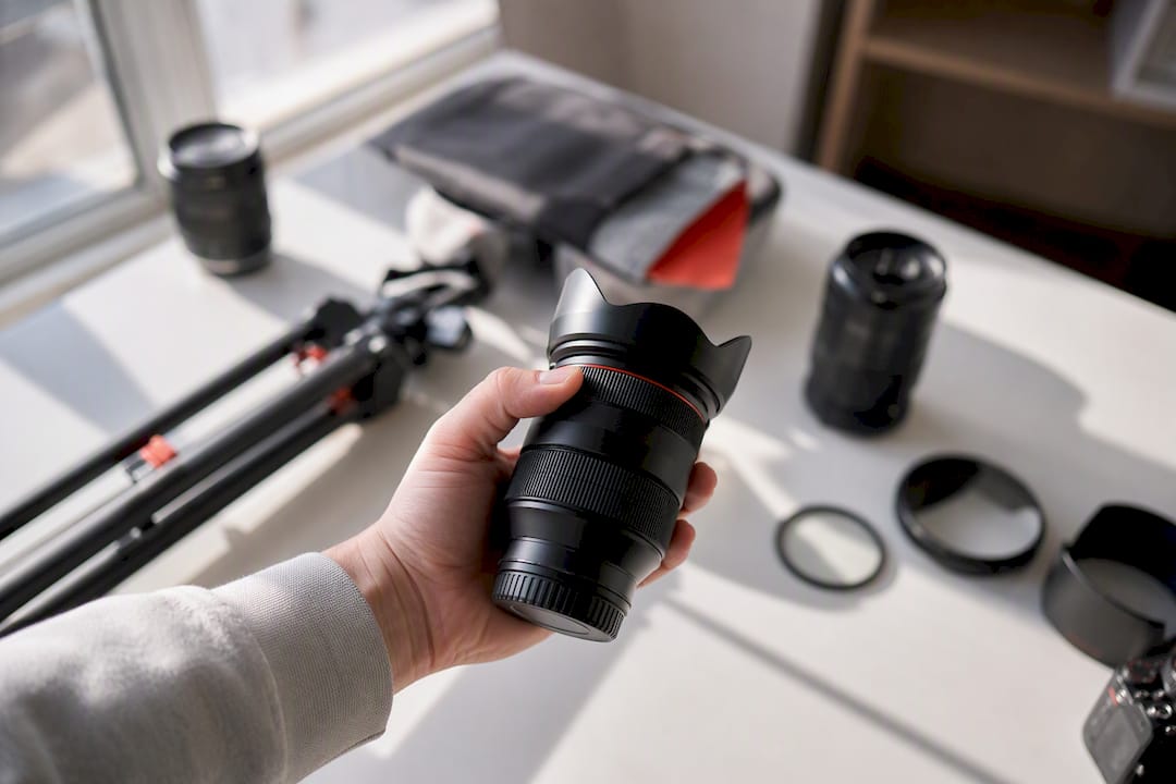 Eine Hand hält ein Kameraobjektiv im Fotostudio.